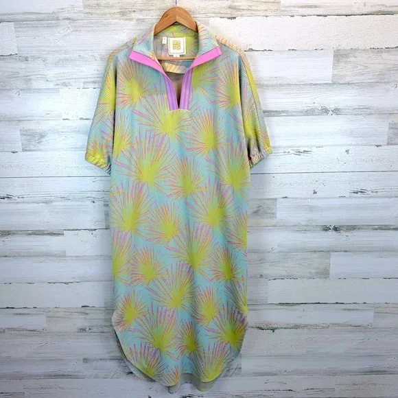 Emily McCarthy Poppy Caftan Midi Dress Palm Print Pink Green Resort Large - Picture 3 of 13